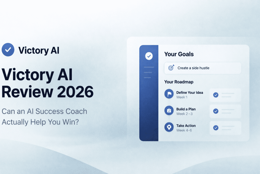 Minimal landscape banner for Victory AI Review 2026 featuring a clean productivity dashboard, goal-setting interface, and roadmap planning UI.