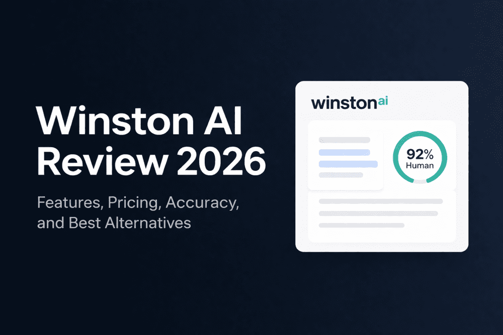 Minimalist Winston AI Review 2026 cover image with a dark blue background, large white text, and a dashboard card showing a 92% human content score.
