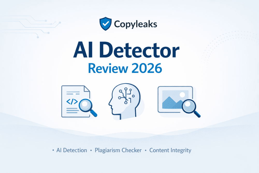 Copyleaks AI detector review 2026 cover image showing plagiarism detection and AI content analysis concept