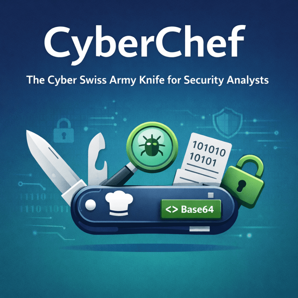 Minimalistic illustration of CyberChef as a digital Swiss army knife with security and data analysis elements like Base64, bug icon, binary sheet, and lock.