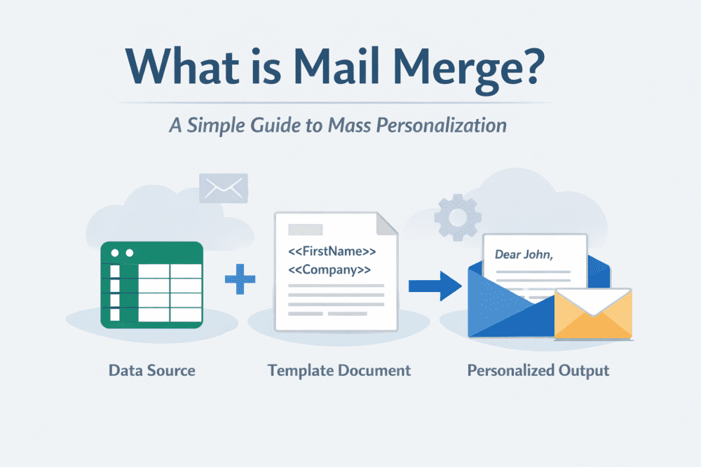 Mail merge process illustration showing data source spreadsheet, template document with merge fields, and personalized email output