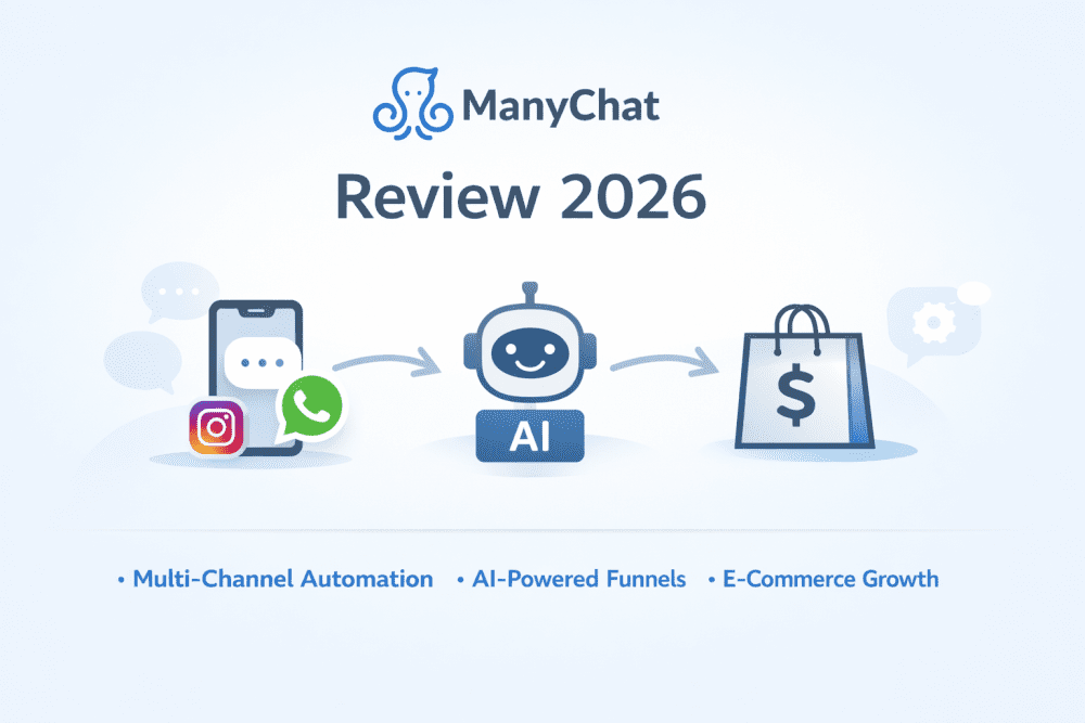 Minimalist ManyChat Review 2026 cover image showing Instagram, WhatsApp, AI chatbot automation, and e-commerce funnel icons.