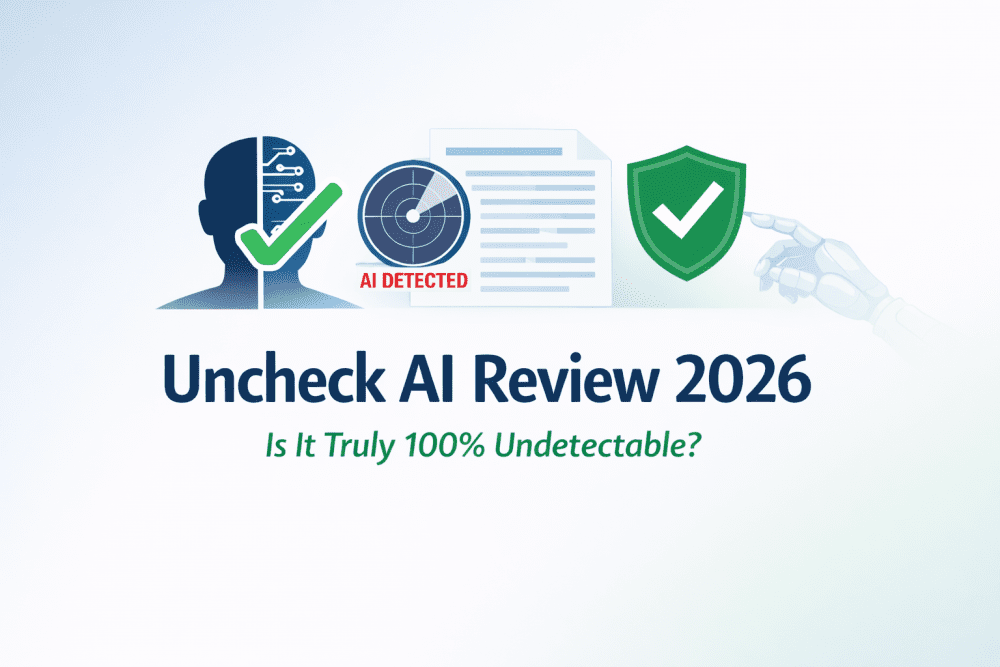 Uncheck AI review 2026 banner showing AI detection bypass concept with human and AI icons