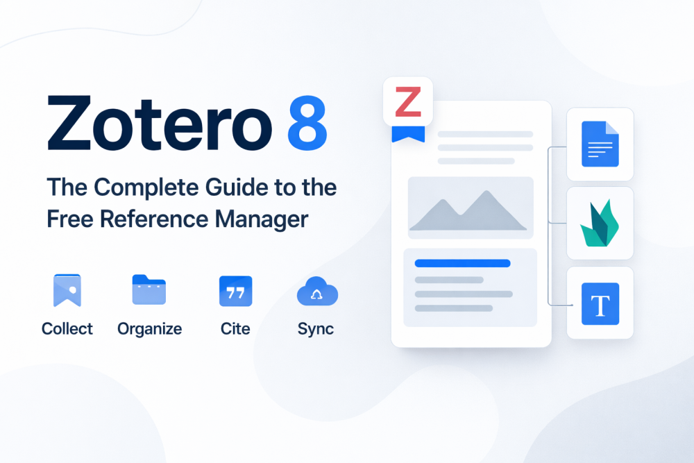 Zotero 8 reference manager interface illustration showing collect, organize, cite, and sync features
