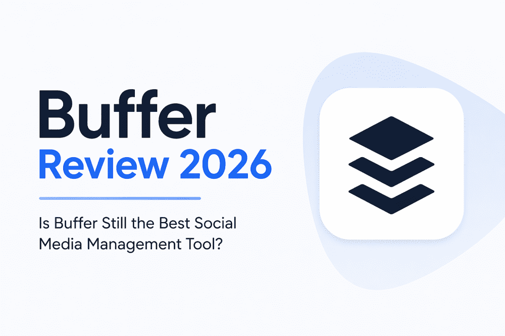 Minimal cover image for Buffer Review 2026 featuring the Buffer logo, blue gradient text, and the headline asking if Buffer is still the best social media management tool.