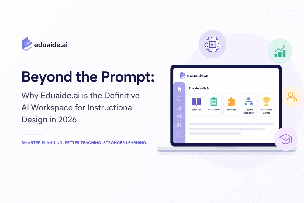 Minimalistic banner showing Eduaide.ai AI workspace for lesson planning, assessments, and instructional design in a modern classroom setting