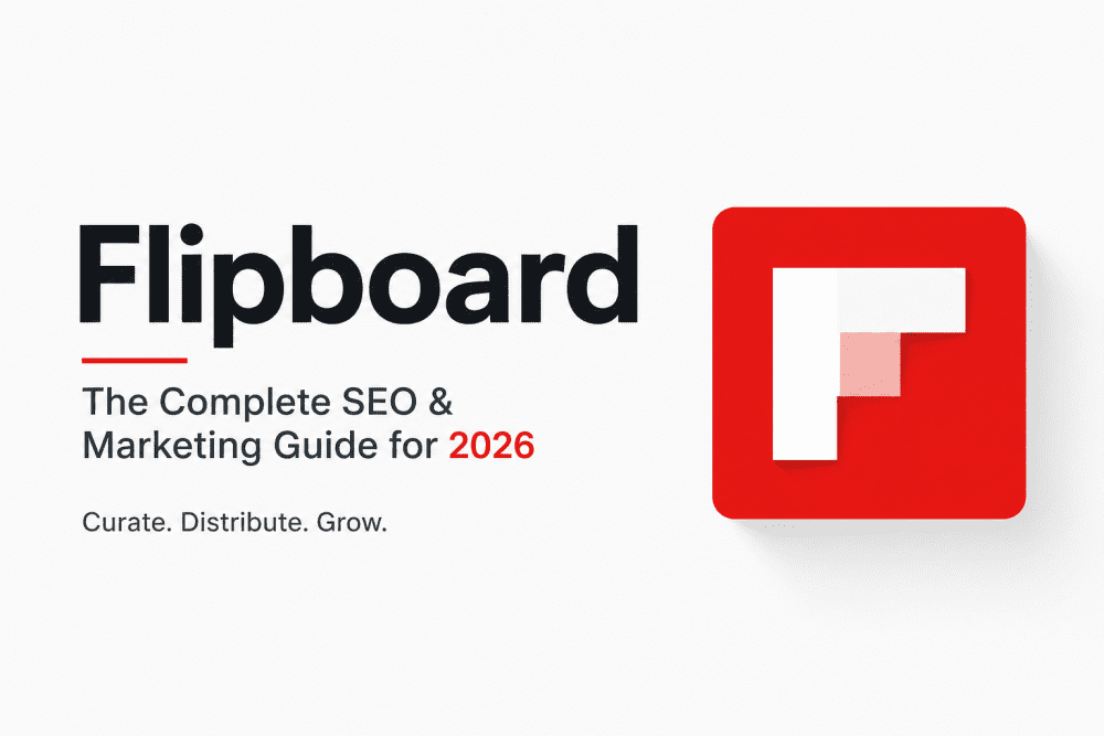 Minimal Flipboard cover image showing logo and headline about SEO and marketing strategy for 2026