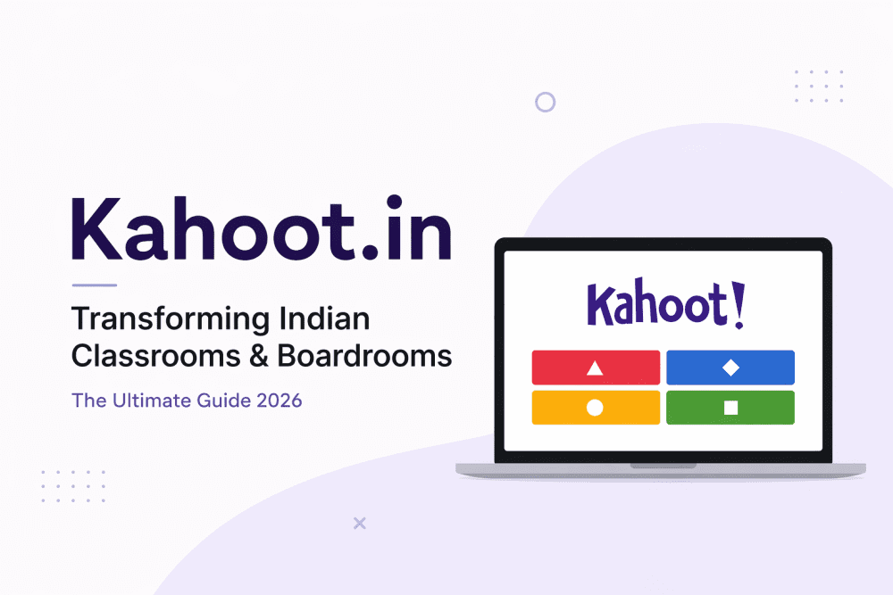 Minimalistic cover image showing Kahoot.in interface on a laptop with colorful quiz buttons, representing gamified learning in Indian classrooms and corporate training