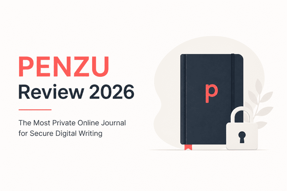 Minimalist cover image showing Penzu digital journal with a lock symbol representing private and secure online journaling