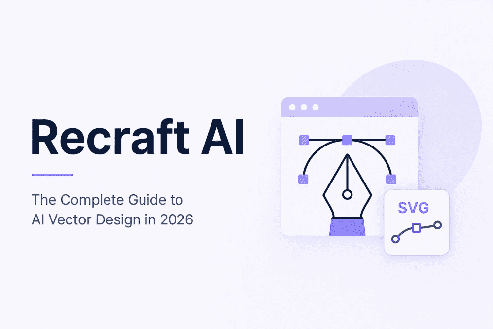 Minimalist Recraft AI cover image featuring vector design tools, SVG icon, and a clean purple-themed interface illustration.
