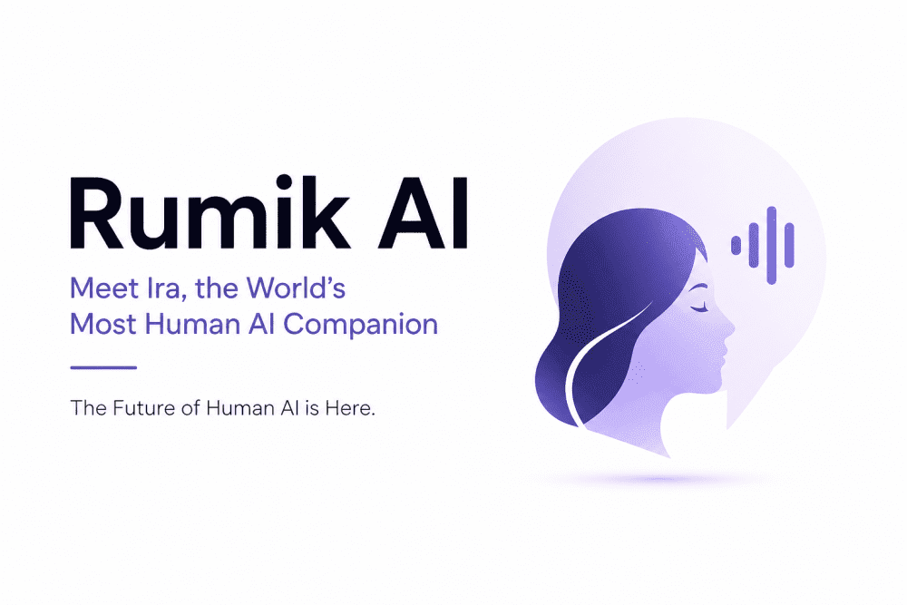 Minimalist cover image showing “Rumik AI” with a stylized human profile and voice waveform, representing Ira, a human-like AI companion.